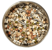Murphy’s Sprouting Seed Mix for Birds showing dry seeds, mung beans and peas in a stainless steel bowl.