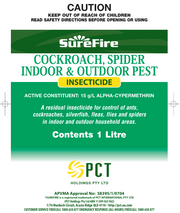 Surefire Cockroach, Spider Indoor  Outdoor Pest Insecticide 1L. LABEL IMAGE