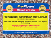 Pro-Pigeon Mineral Grit 4kg label showing ingredients and feeding directions.