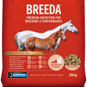 Close-up of Mitavite Breeda 20kg red label showing conditioning features and breeding and performance horse feed details.
