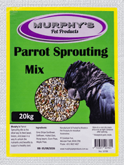 Close-up of Murphy’s Parrot Sprouting Mix 20kg label with white woven packaging visible around the edges.