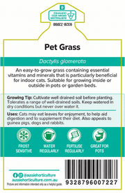 instructions.png	Oasis Pet Grass rear label with Dactylis glomerata growing instructions, watering and frost advice