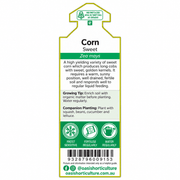 Oasis Sweet Corn rear label with planting advice, companion plants, watering and feeding instructions