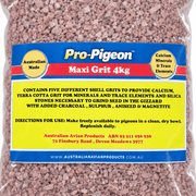 Pro-Pigeon Maxi Grit 4kg label close-up showing ingredients and feeding directions, with grit visible around the edges.