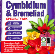 Searles Cymbidium and Bromeliad Specialty Mix label showing 9-month feeding, Penetraide wetting agent and Australian Standard certification.