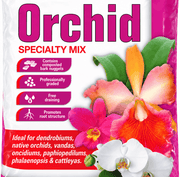 Searles Orchid Specialty Mix label showing composted bark nuggets, free-draining features and suitable orchid varieties