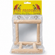 Wooden bird mirror and perch toy with metal hanging hooks, shown in its retail packaging.