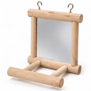 Wooden bird mirror with perch and two hanging hooks, shown at an angle